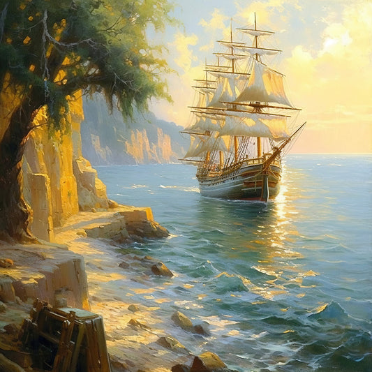 Rocky Crab Shore Vintage Sail Ship Harbor  Seascape 0120 Big XXL Large Giant Canvas or Mural Giclee Framed Oversized Wall Art For Home or Office Wall Decor 300dpi