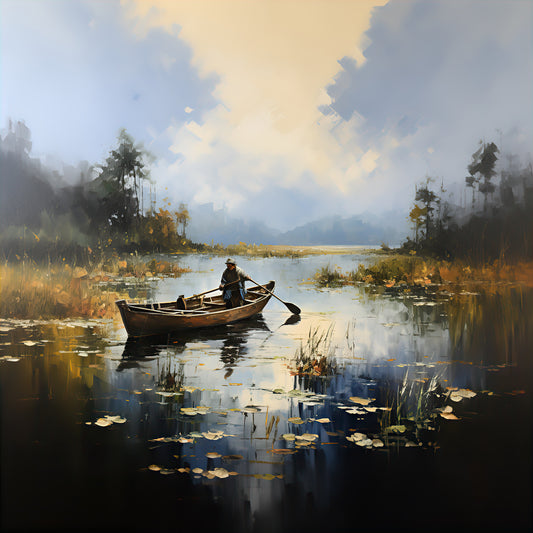 Solace in the Morning Mist boat on the lake lilies  on a misty morning  divine solitude 0156 Big XXL Large Giant Canvas or Mural Giclee Framed Oversized Wall Art For Home or Office Wall Decor