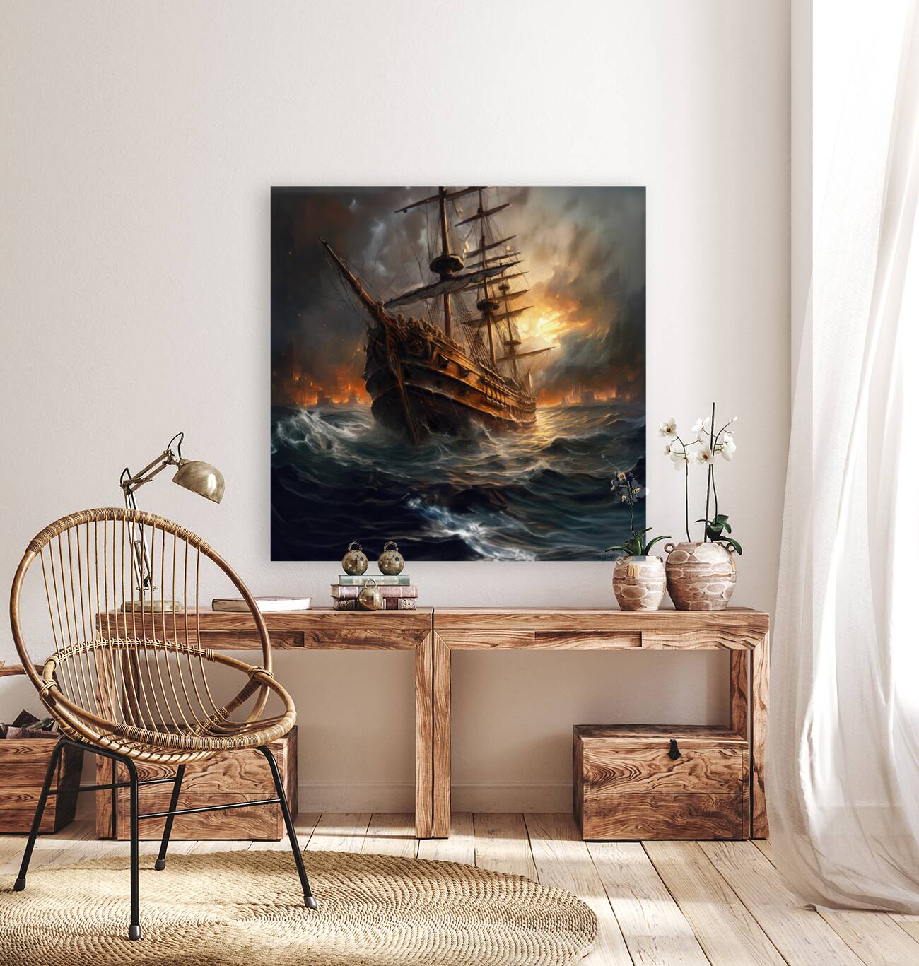 Twilight Blaze on Turbulent Waters Big XXL Large Giant Canvas or Mural Giclee Framed Oversized Wall Art For Home or Office Wall Decor 0089c mod1