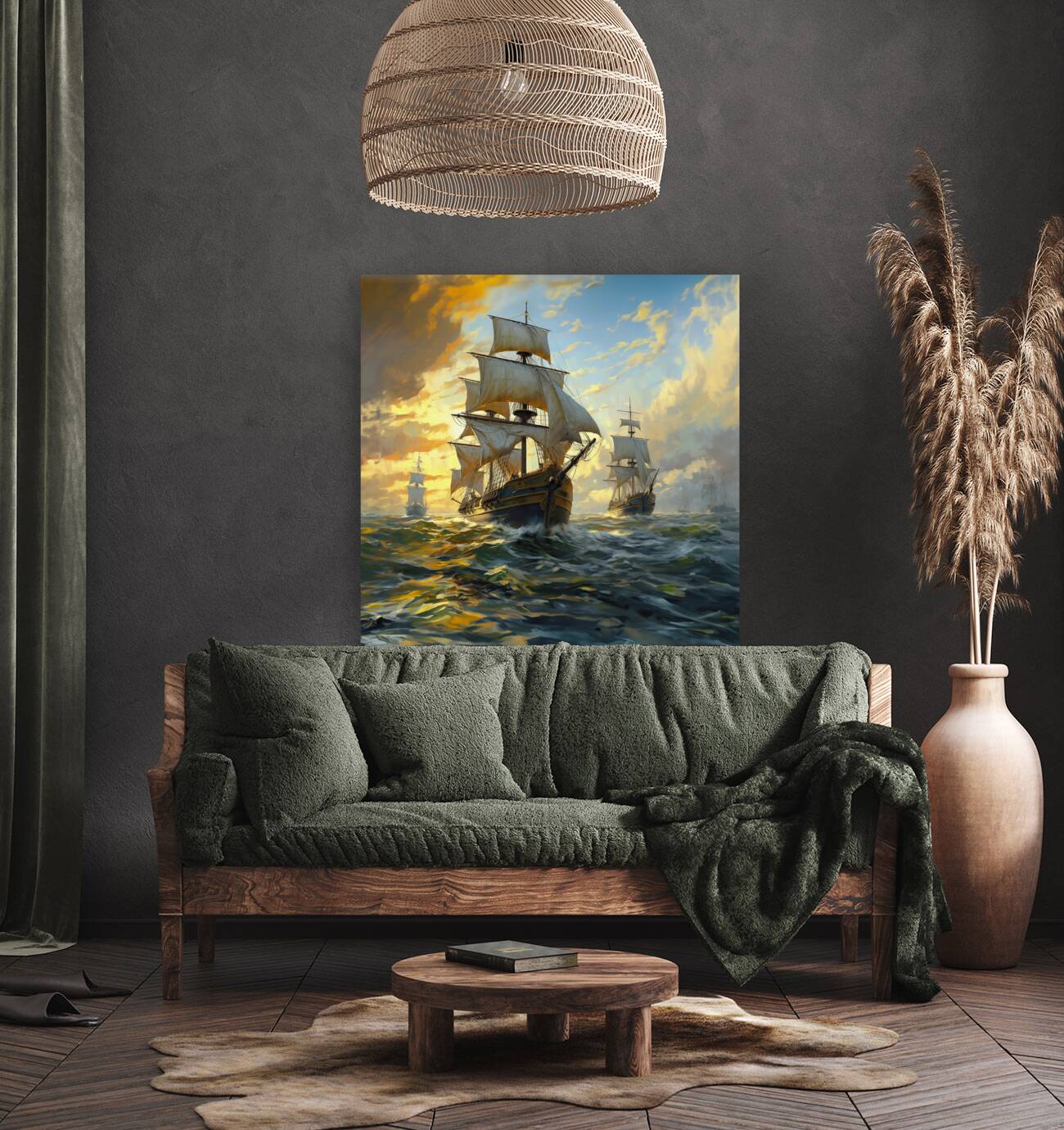 Majestic Fleet under Skyfire Big XXL Large Giant Canvas or Mural Giclee Framed Oversized Wall Art For Home or Office Wall Decor 0088e